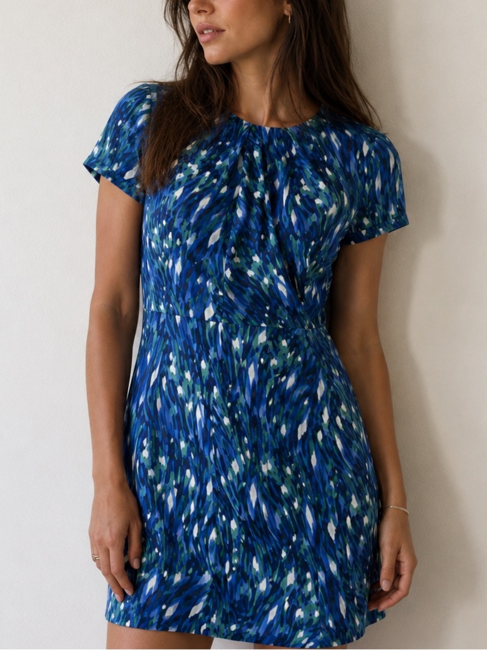 Tory Burch Blue Watercolor‎ Silk Dress Size 2 Short Sleeve Pleated